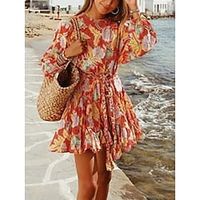 Women's Casual Dress A Line Dress Floral Dress Graphic Lace up Pleated Crew Neck Mini Dress Active Fashion Street Daily Long Sleeve Regular Fit Red Summer Spring S M L XL Lightinthebox - thumbnail