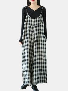 Vintage Plaid Wide Leg Jumpsuits