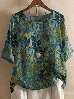 Round Neck Bronzing Leaf Print Casual Blouse