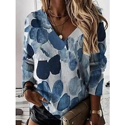Women's Shirt Floral Daily Weekend Floral Shirt Long Sleeve Print V Neck Casual Streetwear Blue Gray Royal Blue S / 3D Print miniinthebox