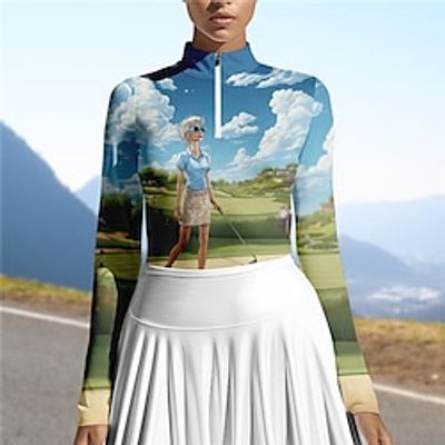 Women's Polo Shirt Golf Shirt Breathable Quick Dry Moisture Wicking Long Sleeve Golf Apparel Golf Clothes Regular Fit Zipper Stand Collar Printed Spring Autumn Tennis Golf Pickleball miniinthebox