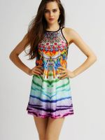 Sexy Feather Print Mix-color Backless Sleeveless Women Mini Dress