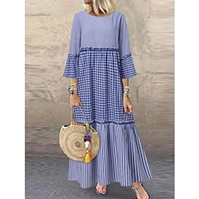 Women's Long Dress Maxi Dress Casual Dress Swing Dress Print Dress Geometric Plaid Fashion Modern Daily Vacation Ruched Patchwork Long Sleeve Crew Neck Dress Regular Fit Purple Summer Spring S M L XL Lightinthebox