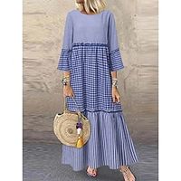 Women's Long Dress Maxi Dress Casual Dress Swing Dress Print Dress Geometric Plaid Fashion Modern Daily Vacation Ruched Patchwork Long Sleeve Crew Neck Dress Regular Fit Purple Summer Spring S M L XL Lightinthebox - thumbnail