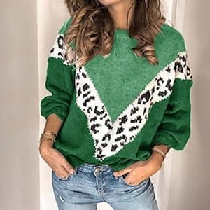 Women's Pullover Sweater jumper Jumper Knit Patchwork Knitted Leopard Crew Neck Stylish Casual Home Daily Drop Shoulder Winter Fall Green Wine S M L / Long Sleeve / Holiday / Regular Fit miniinthebox