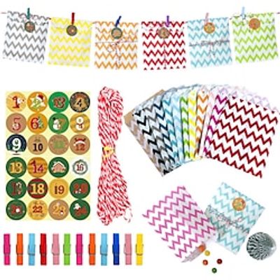 Gift Bags for Presents,24 Sets Box Cookies Candy Bags, 1-24 Advent Calendar Stickers Clips Rope Wedding Favor Supplies miniinthebox