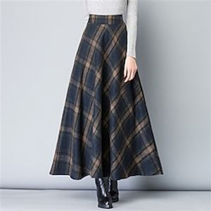 Women's Skirt A Line Maxi Plaid Skirt Twilled Satin Blue Grey Skirts Pocket Long Lined Elegant Daily Date Fall Winter S M L Lightinthebox