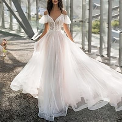 Formal Wedding Dresses A-Line V Neck Short Sleeve Sweep  Brush Train Tulle Bridal Gowns With Pleats Solid Color 2023 Lightinthebox