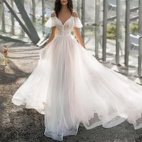 Formal Wedding Dresses A-Line V Neck Short Sleeve Sweep  Brush Train Tulle Bridal Gowns With Pleats Solid Color 2023 Lightinthebox - thumbnail