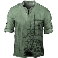 Men's T shirt Tee Ship Graphic Prints V Neck Clothing Apparel 3D Print Outdoor Street Long Sleeve Lace up Print Fashion Designer Casual miniinthebox