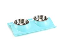 Double Dining Pet Feedrer With Stainless Steel Bowl & Non Slip Rubber Bottom blue 38X25X7.5cm - For Cats And Dogs