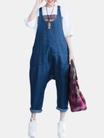 Casual Loose Pure Color Strap Pocket Jumpsuit Trousers Overalls