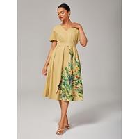 V-Neck Khaki Floral Print Cinched Waist Tea Dress