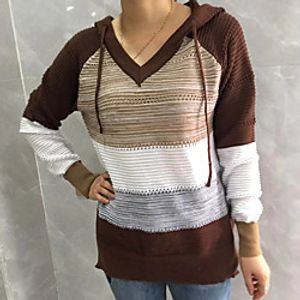 Women's Pullover Sweater Chunky Stripes Basic Casual Cotton Long Sleeve Sweater Cardigans Hooded Fall Spring Gray orange Race Blue khaki Lightinthebox
