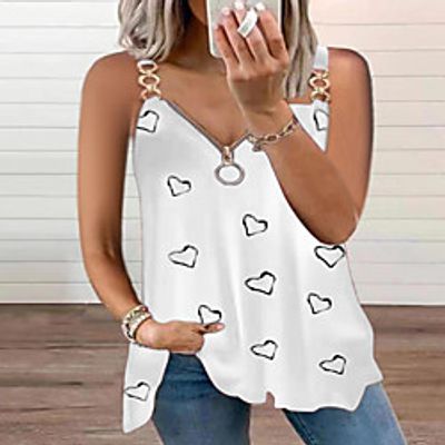Women's Tank Top Shirt Heart Quarter Zip Print V Neck Casual Streetwear Tops Green White Black miniinthebox