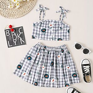 Kids Girls' Clothing Set 2 Piece Sleeveless Blue Black Brown Print Bow Daily Wear Basic Knee-length 2-6 Years miniinthebox