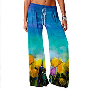 Women's Basic Soft Comfort Daily Home Chinos Pants Plants Flower / Floral Full Length Elastic Drawstring Design Print Blue Yellow Green miniinthebox