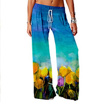 Women's Basic Soft Comfort Daily Home Chinos Pants Plants Flower / Floral Full Length Elastic Drawstring Design Print Blue Yellow Green miniinthebox