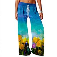 Women's Basic Soft Comfort Daily Home Chinos Pants Plants Flower / Floral Full Length Elastic Drawstring Design Print Blue Yellow Green miniinthebox - thumbnail