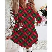 Women's Christmas Tartan Dress Swing Dress  Short Mini Dress Light Yellow Dark Blue Red Gray Black Long Sleeve Plaid Elk Snowflake Pleated Print Fall Winter Crew Neck Stylish Romantic 2022 S M L miniinthebox - thumbnail