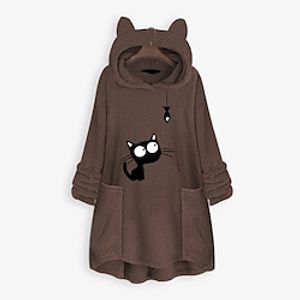 Women's Hoodie Sweatshirt Pullover Sherpa Fleece Teddy Pocket Navy Blue Coffee Black Cat Street Hoodie Long Sleeve Fleece M L XL 2XL 3XL Lightinthebox