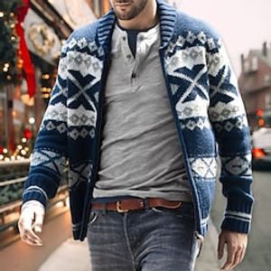 Men's Sweater Ugly Christmas Sweater Cardigan Zip Sweater Sweater Jacket Knit Full Zip Knitted Geometric V Neck Stylish Vintage Style Christmas Causal Clothing Apparel Winter Fall Navy Blue M L XL miniinthebox