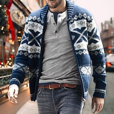 Men's Sweater Ugly Christmas Sweater Cardigan Zip Sweater Sweater Jacket Knit Full Zip Knitted Geometric V Neck Stylish Vintage Style Christmas Causal Clothing Apparel Winter Fall Navy Blue M L XL miniinthebox