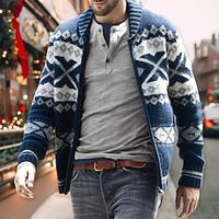 Men's Sweater Ugly Christmas Sweater Cardigan Zip Sweater Sweater Jacket Knit Full Zip Knitted Geometric V Neck Stylish Vintage Style Christmas Causal Clothing Apparel Winter Fall Navy Blue M L XL miniinthebox - thumbnail