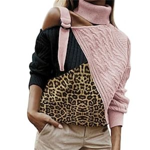 Women's Pullover Sweater Jumper Turtleneck Ribbed Knit Acrylic Patchwork Cold Shoulder Fall Winter Regular Outdoor Daily Going out Stylish Casual Soft Long Sleeve Leopard Pink Brown Apricot S M L Lightinthebox