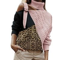 Women's Pullover Sweater Jumper Turtleneck Ribbed Knit Acrylic Patchwork Cold Shoulder Fall Winter Regular Outdoor Daily Going out Stylish Casual Soft Long Sleeve Leopard Pink Brown Apricot S M L Lightinthebox - thumbnail