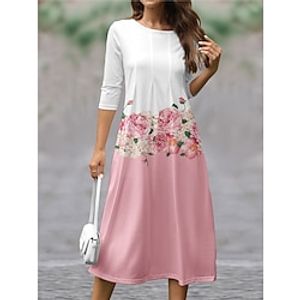 Women's Casual Dress A Line Dress Floral Print Ruched Crew Neck Midi Dress Streetwear A Line Street Holiday 34 Length Sleeve Regular Fit Yellow Pink Blue Spring S M L XL XXL Lightinthebox