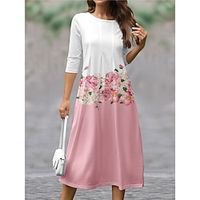 Women's Casual Dress A Line Dress Floral Print Ruched Crew Neck Midi Dress Streetwear A Line Street Holiday 34 Length Sleeve Regular Fit Yellow Pink Blue Spring S M L XL XXL Lightinthebox - thumbnail