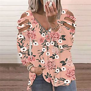 Women's Plus Size Tops Blouse Floral Graphic Zipper Print Cotton Long Sleeve V Neck Casual Streetwear Fall Spring Black And White Dark Red Blushing Pink Big Size L XL XXL 3XL miniinthebox