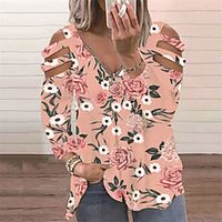 Women's Plus Size Tops Blouse Floral Graphic Zipper Print Cotton Long Sleeve V Neck Casual Streetwear Fall Spring Black And White Dark Red Blushing Pink Big Size L XL XXL 3XL miniinthebox - thumbnail