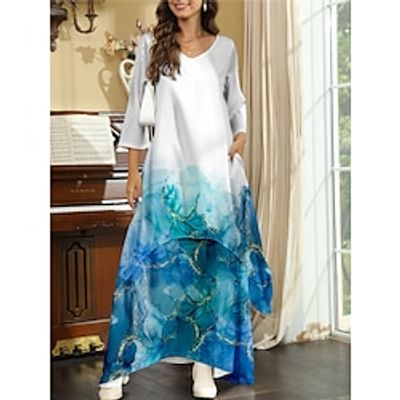 Women's Casual Dress Winter Dress Print Dress Floral Ombre Button Pocket Crew Neck Long Dress Maxi Dress Fashion Streetwear Outdoor Daily 34 Length Sleeve Regular Fit Blue Fall Winter S M L XL 2XL Lightinthebox
