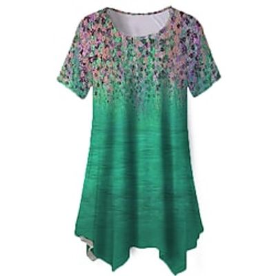 Women's Plus Size Tops Blouse Shirt Floral Color Gradient Print Short Sleeve Crewneck Streetwear Daily Holiday Cotton Spandex Jersey Spring Summer Green Blue Lightinthebox