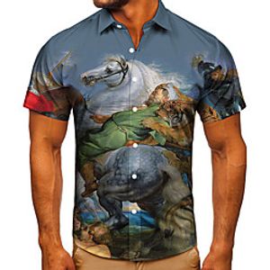 Men's Shirt 3D Print Graphic Prints Horse Button-Down Short Sleeve Street Tops Casual Fashion Classic Breathable Gray miniinthebox