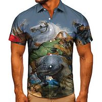 Men's Shirt 3D Print Graphic Prints Horse Button-Down Short Sleeve Street Tops Casual Fashion Classic Breathable Gray miniinthebox - thumbnail