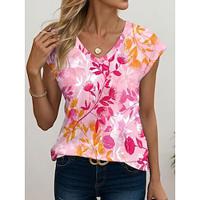 Women's T shirt Tee Leaf Casual Print Pink Short Sleeve Fashion V Neck Summer Lightinthebox