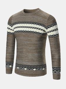 Mens Fall Winter National Style Printed Knitted Round Neck Long Sleeve Casual Sweater