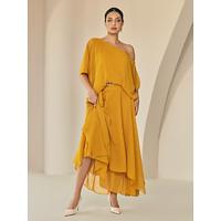 Chiffon Backless Knotted One Shoulder Elegant Blouse Chiffon Irregular Hem Maxi Skirt Two Piece Set - thumbnail