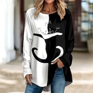 Women's T shirt Tee Color Block Cat Black Print Long Sleeve Daily Weekend Fashion V Neck Regular Fit Spring   Fall Lightinthebox