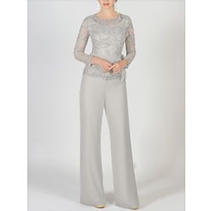 Jumpsuit  Pantsuit 3 Piece Mother of the Bride Dress Formal Wedding Guest Elegant Jewel Neck Floor Length Chiffon Lace 34 Length Sleeve with Lace Bow(s) Solid Color 2023 Lightinthebox