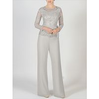 Jumpsuit  Pantsuit 3 Piece Mother of the Bride Dress Formal Wedding Guest Elegant Jewel Neck Floor Length Chiffon Lace 34 Length Sleeve with Lace Bow(s) Solid Color 2023 Lightinthebox - thumbnail