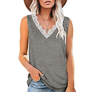 Women's Tank Top Shirt Plain Striped Lace Trims V Neck Casual Streetwear Tops Green Blue White Lightinthebox