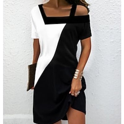Women's A Line Dress Knee Length Dress Black And White Short Sleeve Color Block Print Spring Summer Cold Shoulder Fashion Modern 2022 S M L XL 2XL 3XL Lightinthebox