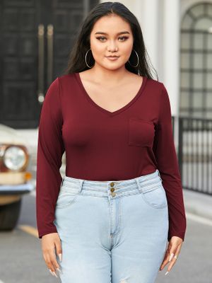 YOINS BASICS Plus Size V-neck Plain Comfortable Long sleeves Tee
