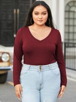 YOINS BASICS Plus Size V-neck Plain Comfortable Long sleeves Tee - thumbnail