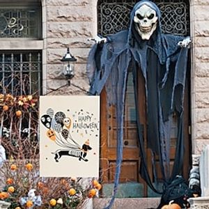 Happy Halloween Skeleton Dachshund Dog Garden Flag Double-Sided Skeleton Dachshund Dog with Skull Spooky Face Balloons Yard Flag for Halloween Holidays Outdoor Yard Decorations 12x18 inch (halloween S miniinthebox
