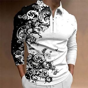 Men's Polo Shirt Golf Shirt Floral Graphic Prints Turndown Black 3D Print Outdoor Street Long Sleeve Zipper Print Clothing Apparel Sports Fashion Streetwear Designer Lightinthebox